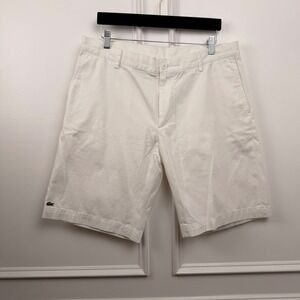 Lacoste Mens White Cotton Chino Shorts Size 34 FH0561 Flat Front Preppy